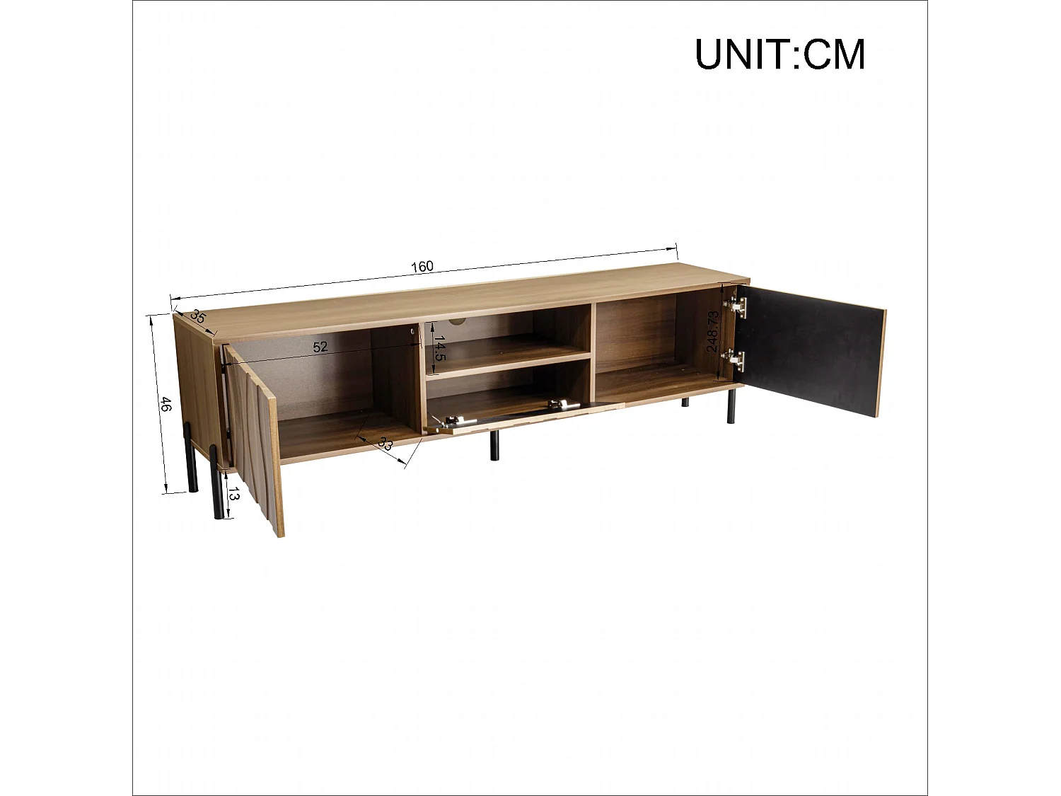 Meuble TV avec 3 portes - Gestion des câbles - Couleur bois foncé