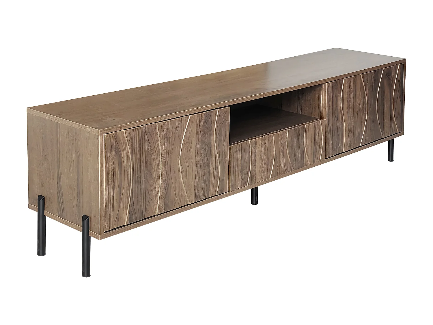 Meuble TV avec 3 portes - Gestion des câbles - Couleur bois foncé