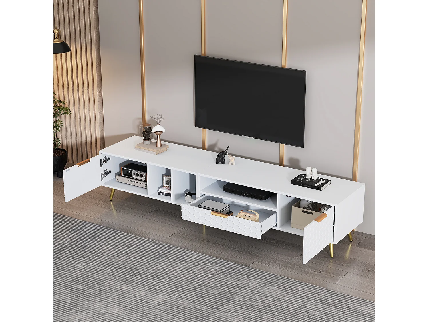 TV-meubel met 1 lade en 2 deuren - Honingraatpatroon - Metalen poten - Wit