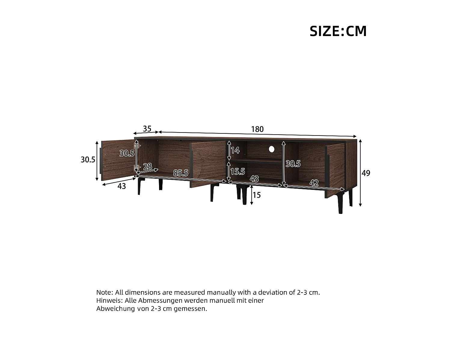 Tv-meubel voor een 80-inch tv in donker eikenhout - 3 deuren - Zwart frame