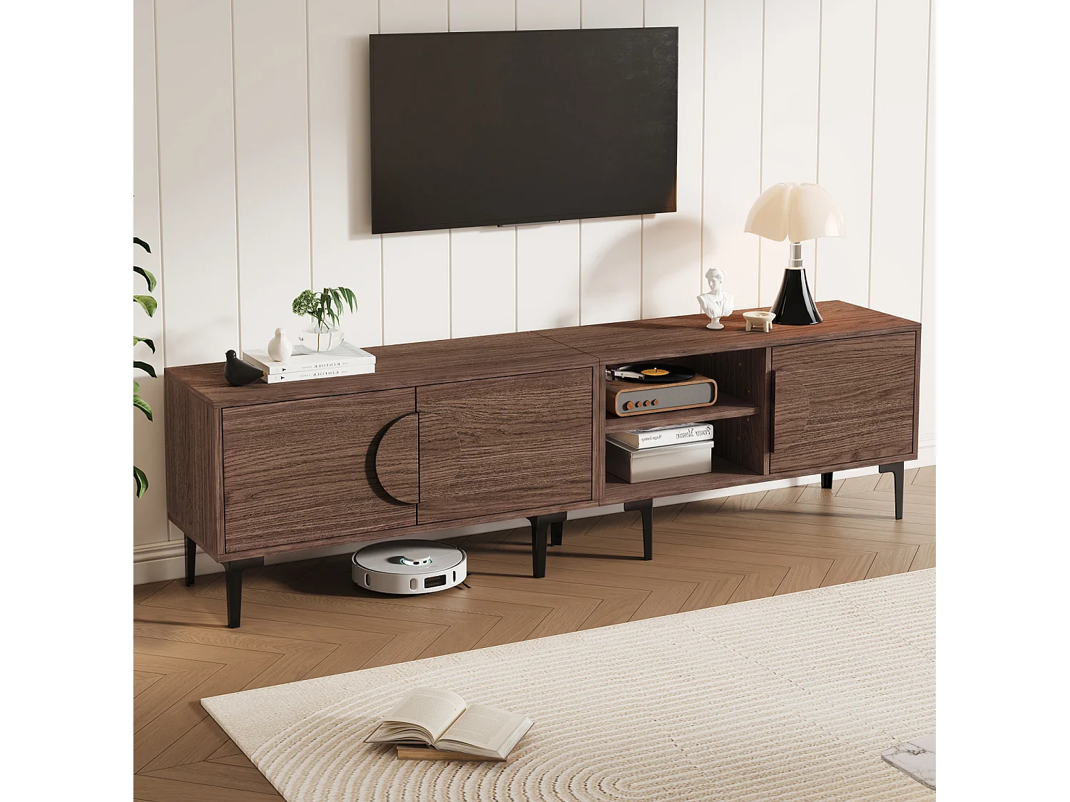Meuble TV pour télé de 80 pouces en couleur chêne foncé - 3 portes