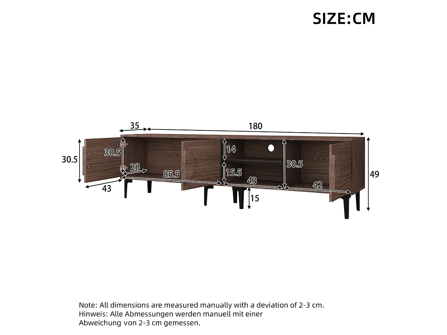 Meuble TV pour télé de 80 pouces en couleur chêne foncé - 3 portes