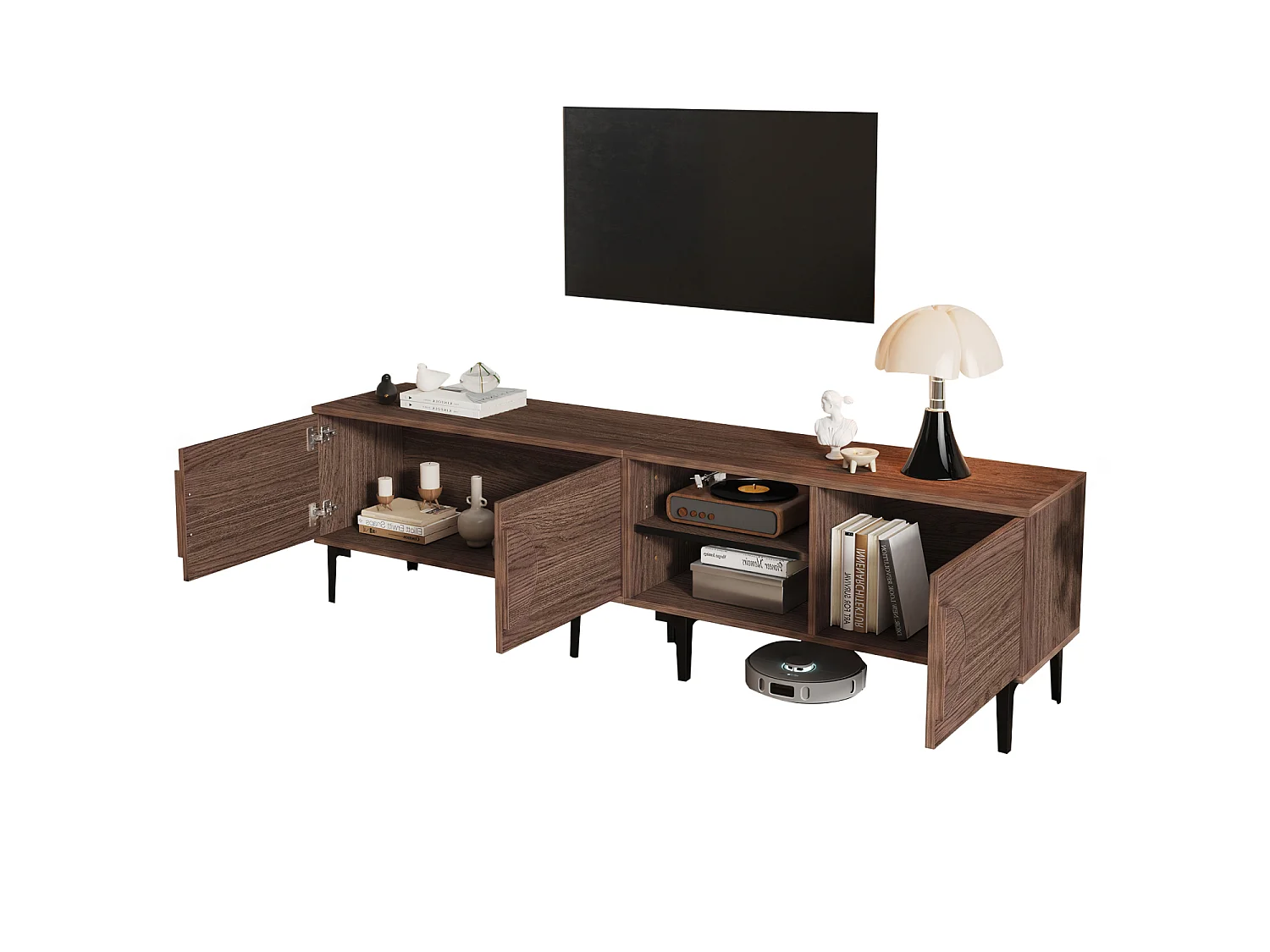 Meuble TV pour télé de 80 pouces en couleur chêne foncé - 3 portes