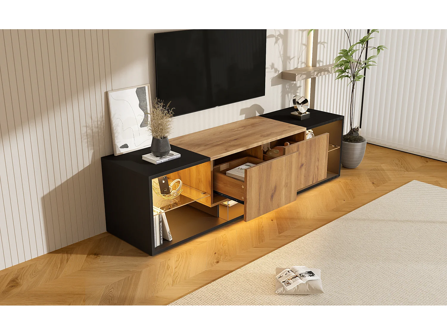 Mueble de TV con iluminación LED, 2 cajones y estante de cristal - Acabado negro y madera para TV de 70 pulgadas