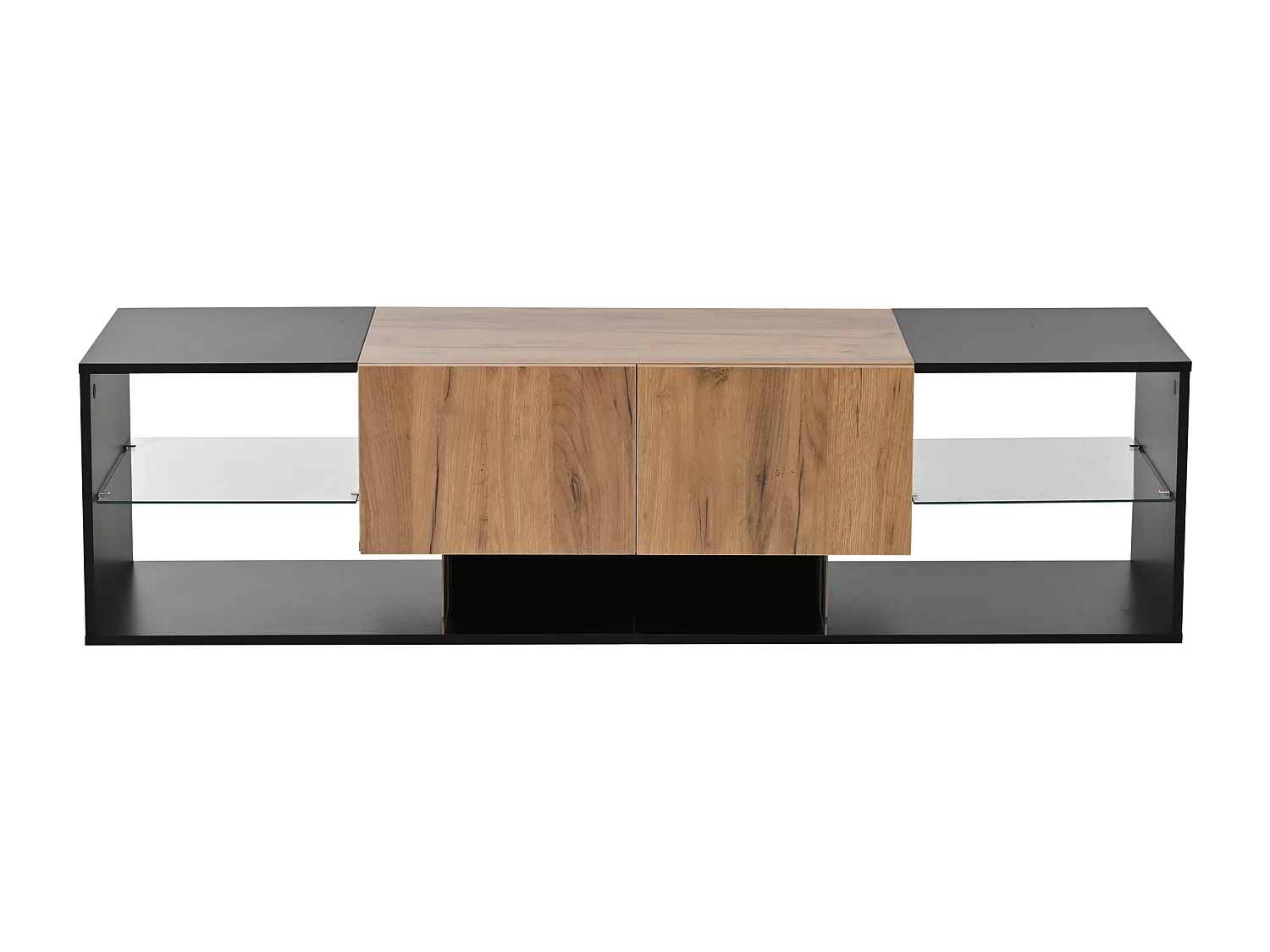 Mueble de TV con iluminación LED, 2 cajones y estante de cristal - Acabado negro y madera para TV de 70 pulgadas