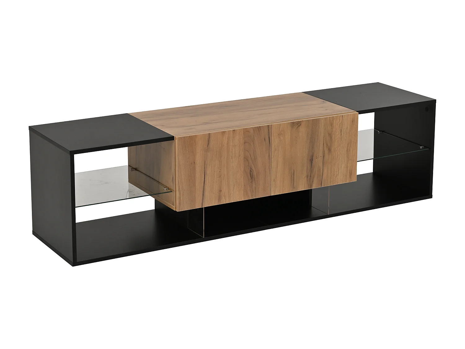 Mueble de TV con iluminación LED, 2 cajones y estante de cristal - Acabado negro y madera para TV de 70 pulgadas