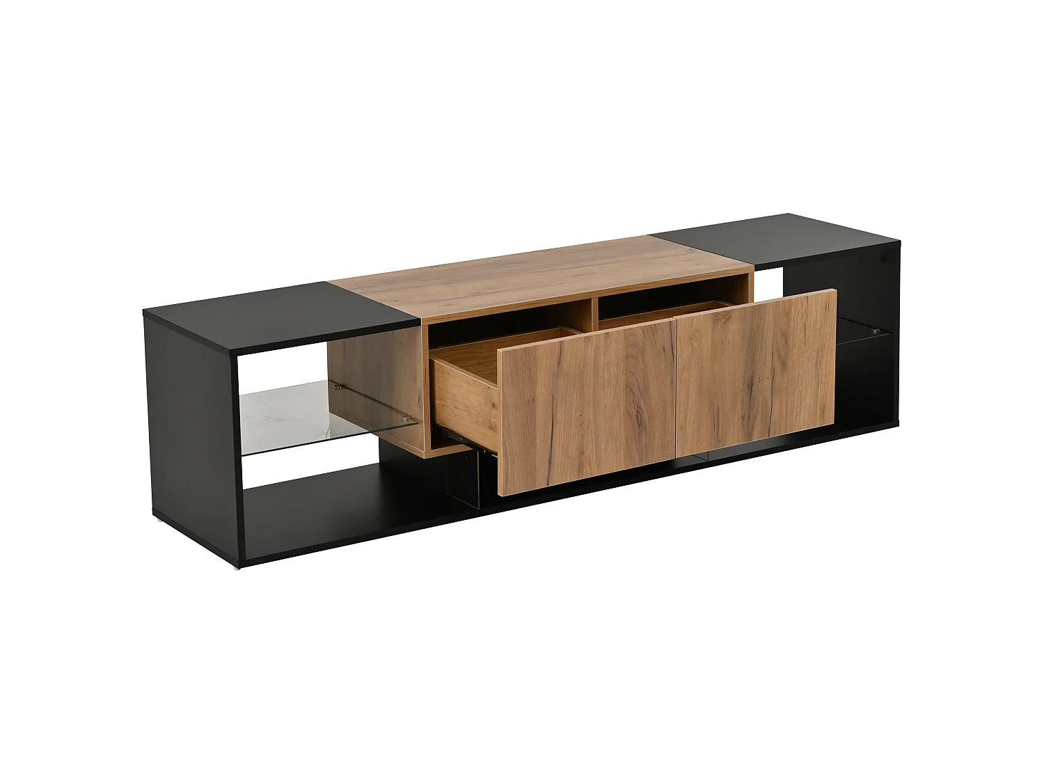 Mueble de TV con iluminación LED, 2 cajones y estante de cristal - Acabado negro y madera para TV de 70 pulgadas