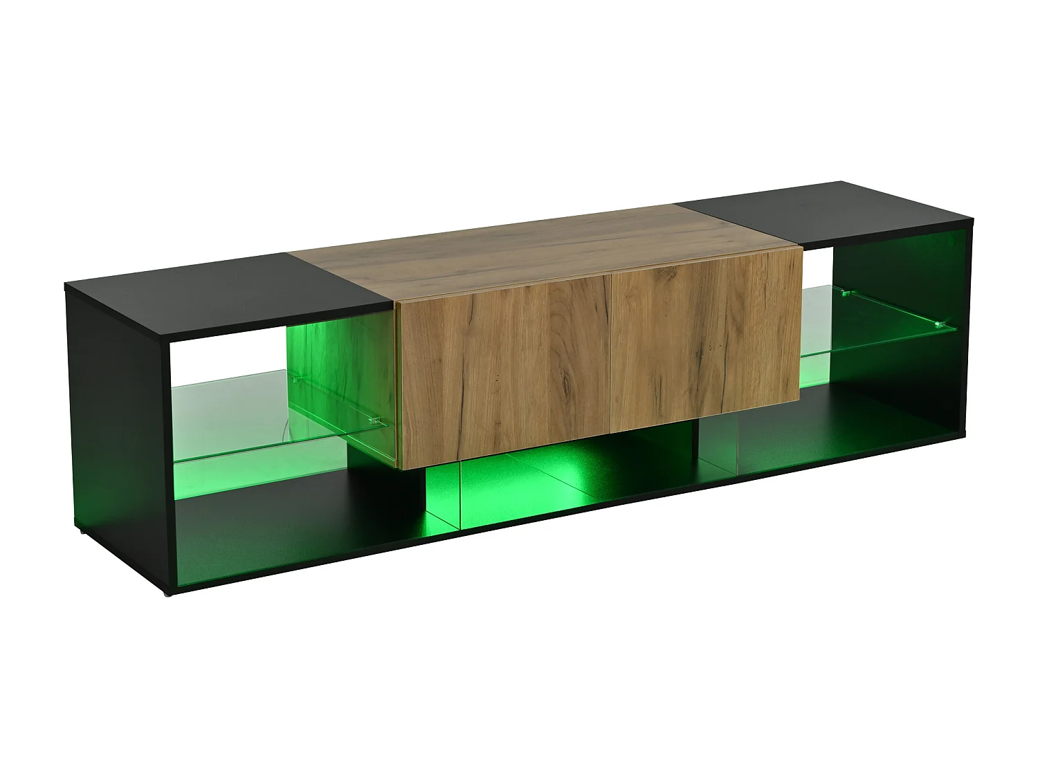 Mueble de TV con iluminación LED, 2 cajones y estante de cristal - Acabado negro y madera para TV de 70 pulgadas