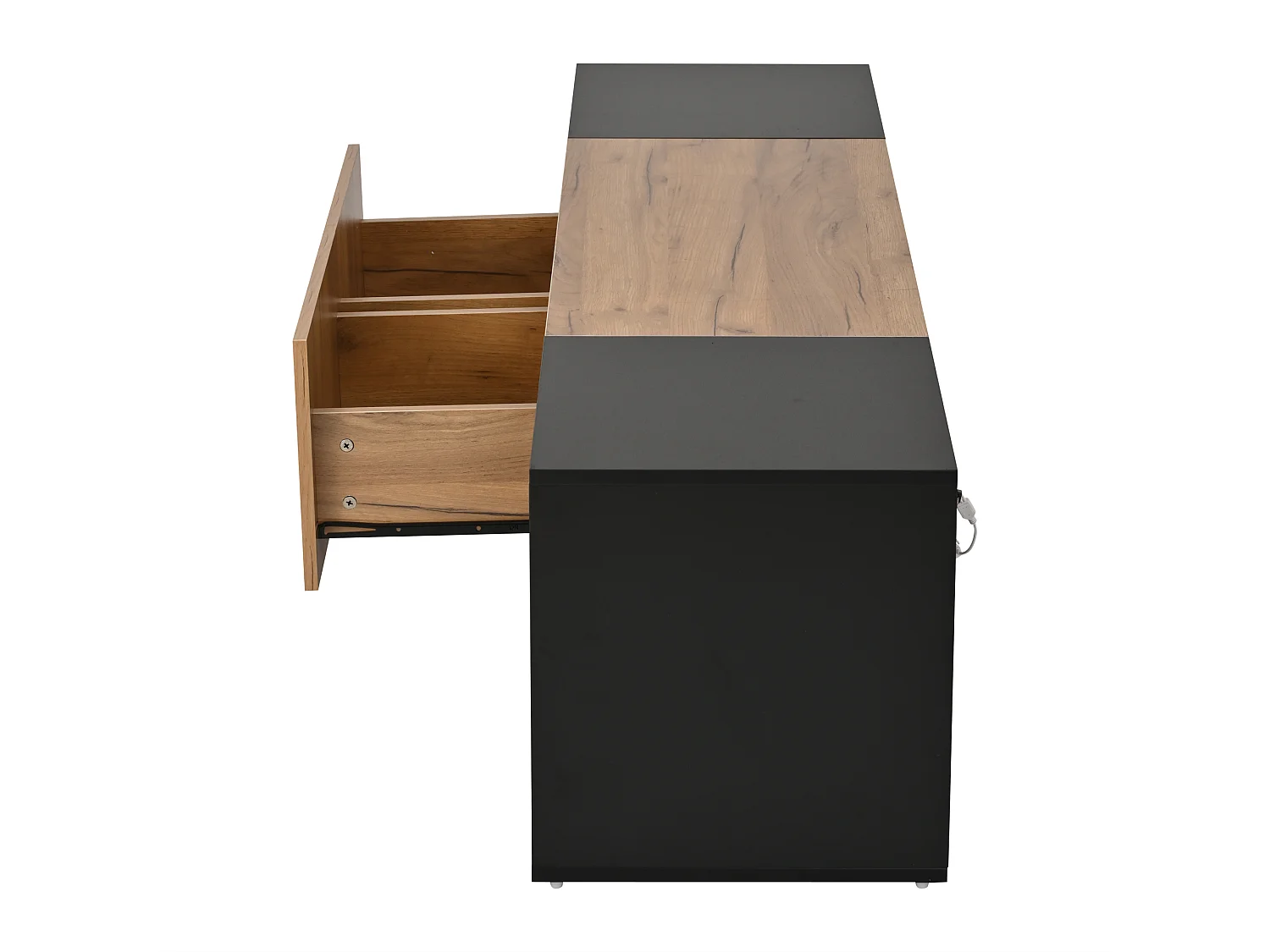 Mueble de TV con iluminación LED, 2 cajones y estante de cristal - Acabado negro y madera para TV de 70 pulgadas