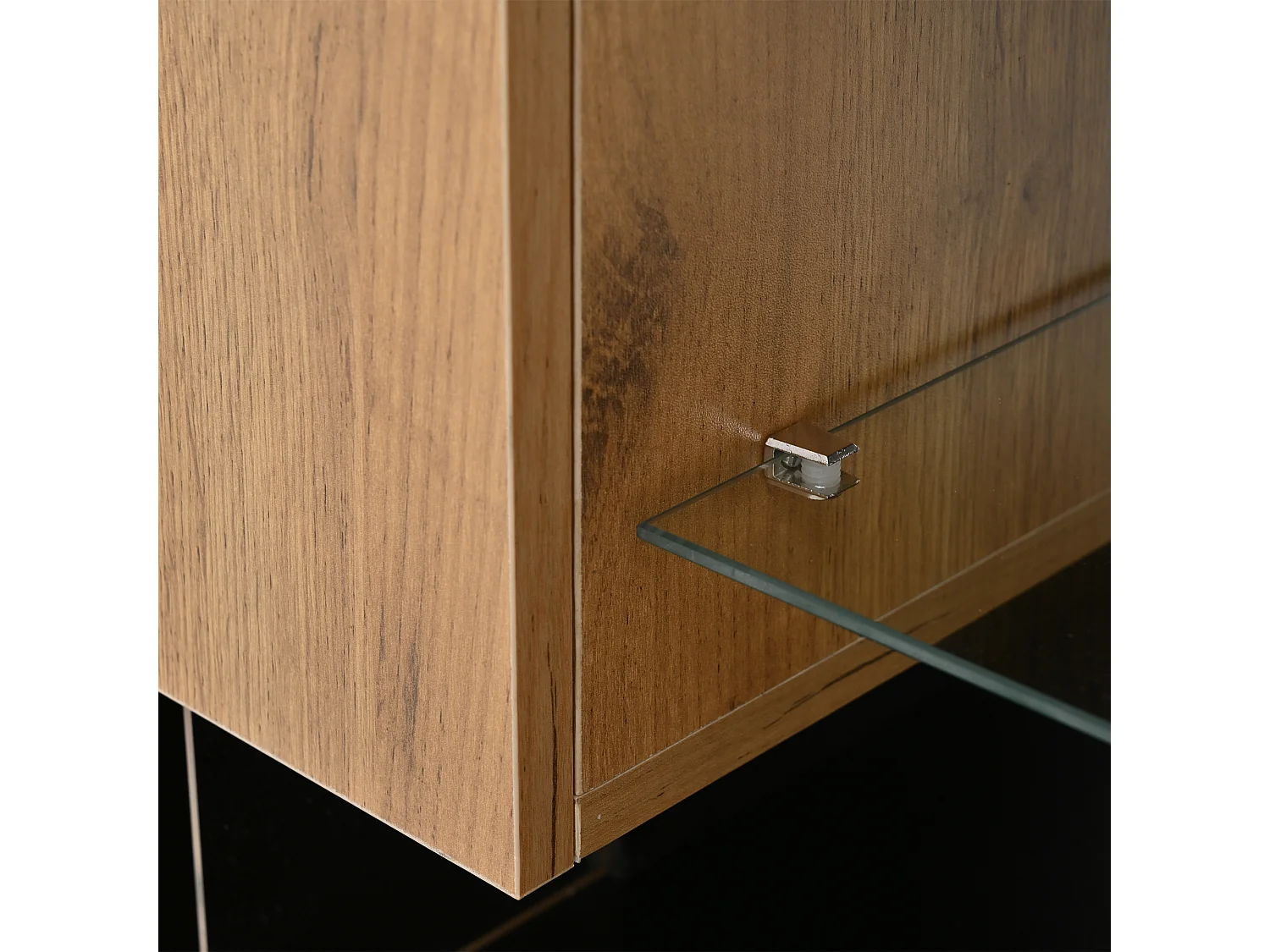 Mueble de TV con iluminación LED, 2 cajones y estante de cristal - Acabado negro y madera para TV de 70 pulgadas