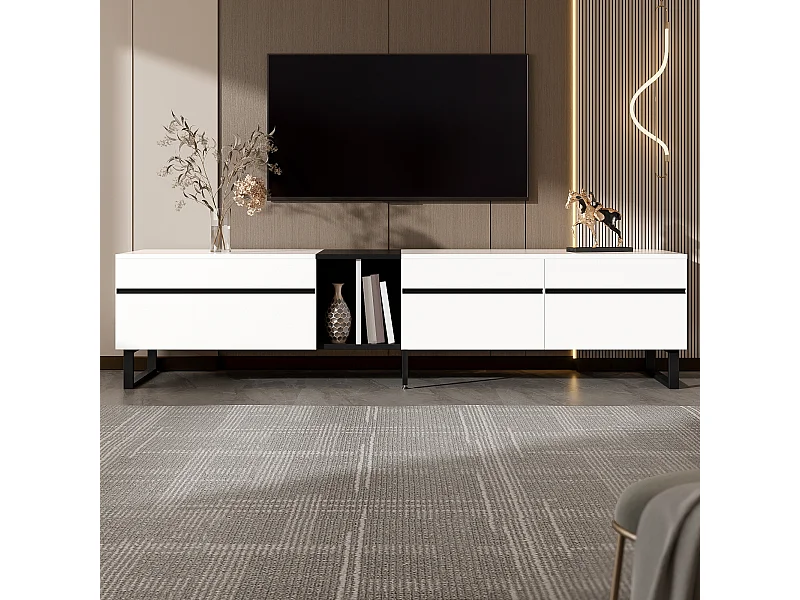 Meuble TV blanc de 180 cm avec 3 portes - Bois en PB - Couleur blanc et noir