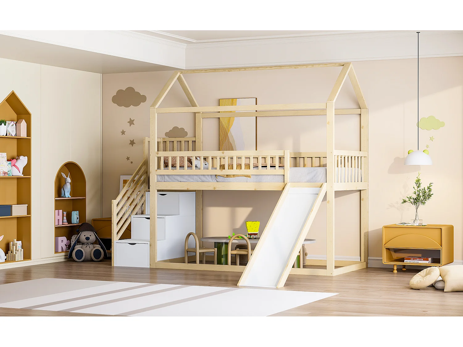 Lit superposé enfant 90x200 - Lit cabane avec toboggan et échelle de rangement - Couleur blanc et bois