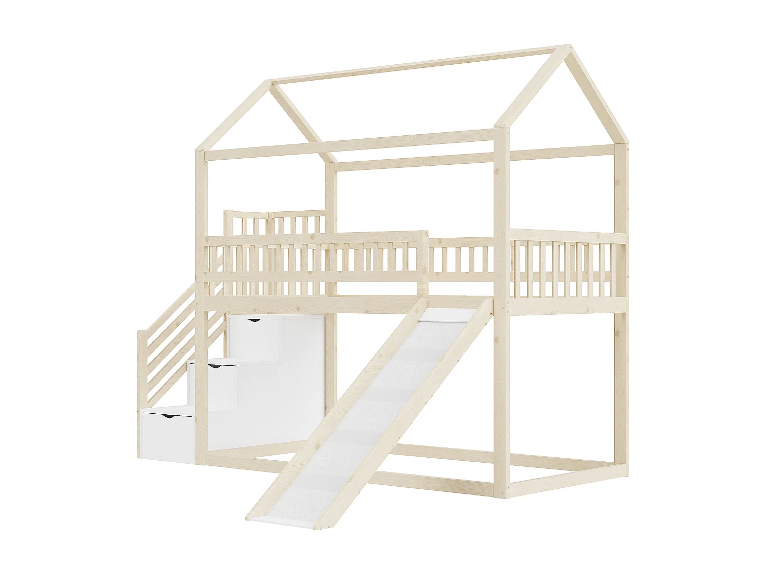 Lit superposé enfant 90x200 - Lit cabane avec toboggan et échelle de rangement - Couleur blanc et bois