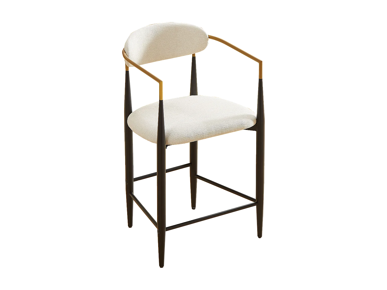 Lot de 2 tabourets de bar avec accoudoir - Tissu beige - Cadre en métal noir et or