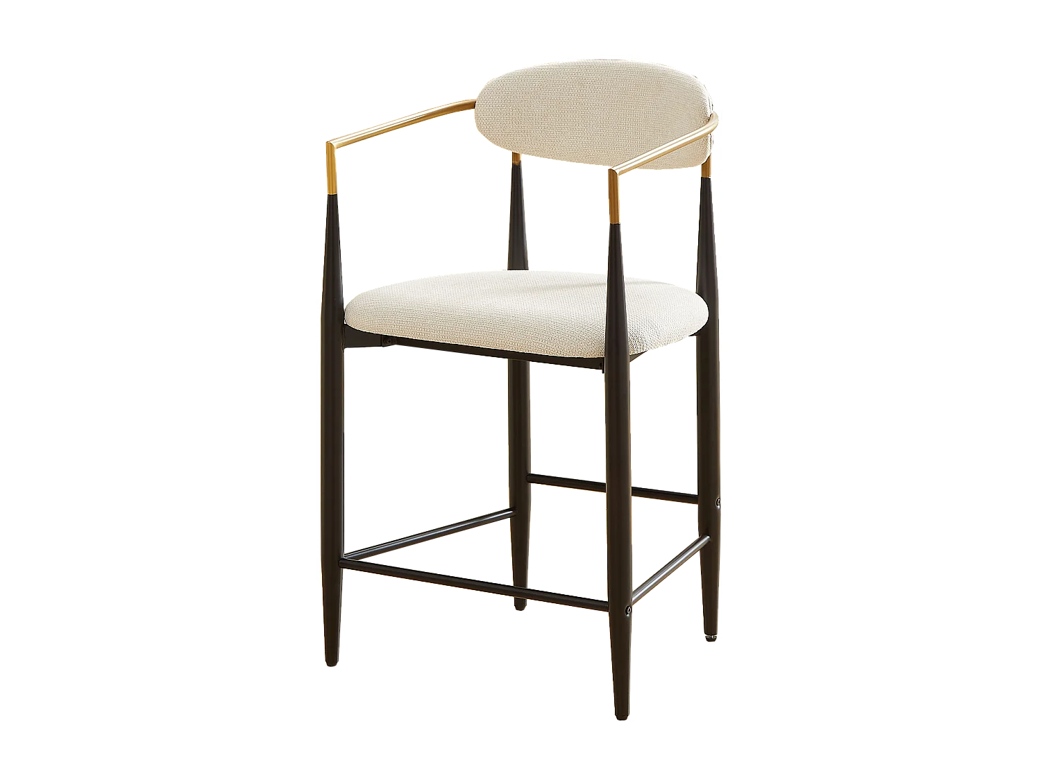 Lot de 2 tabourets de bar avec accoudoir - Tissu beige - Cadre en métal noir et or