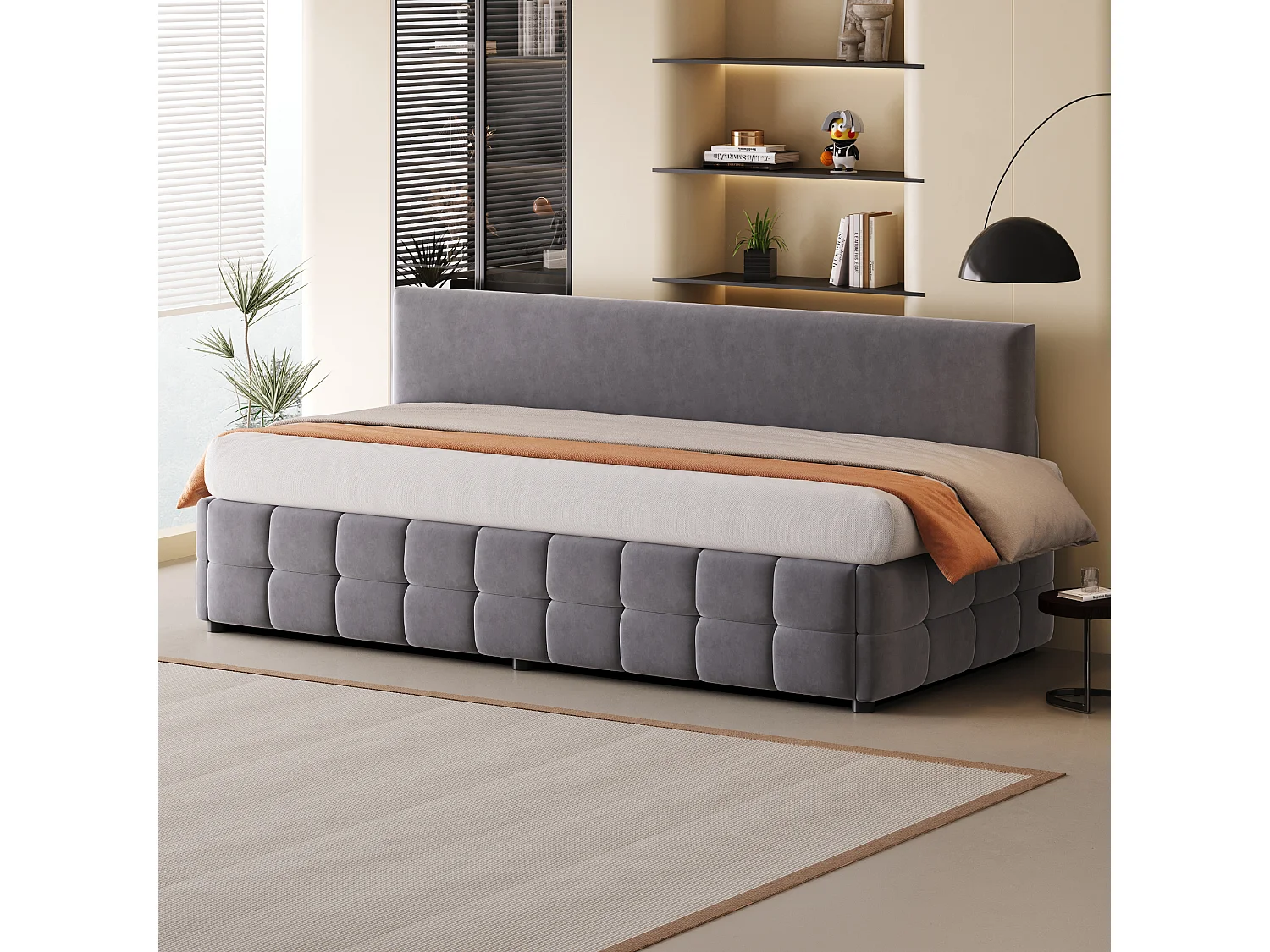 Lit coffre 90 x 200 cm avec rangement - Lit simple multifonctionnel en velours gris foncé