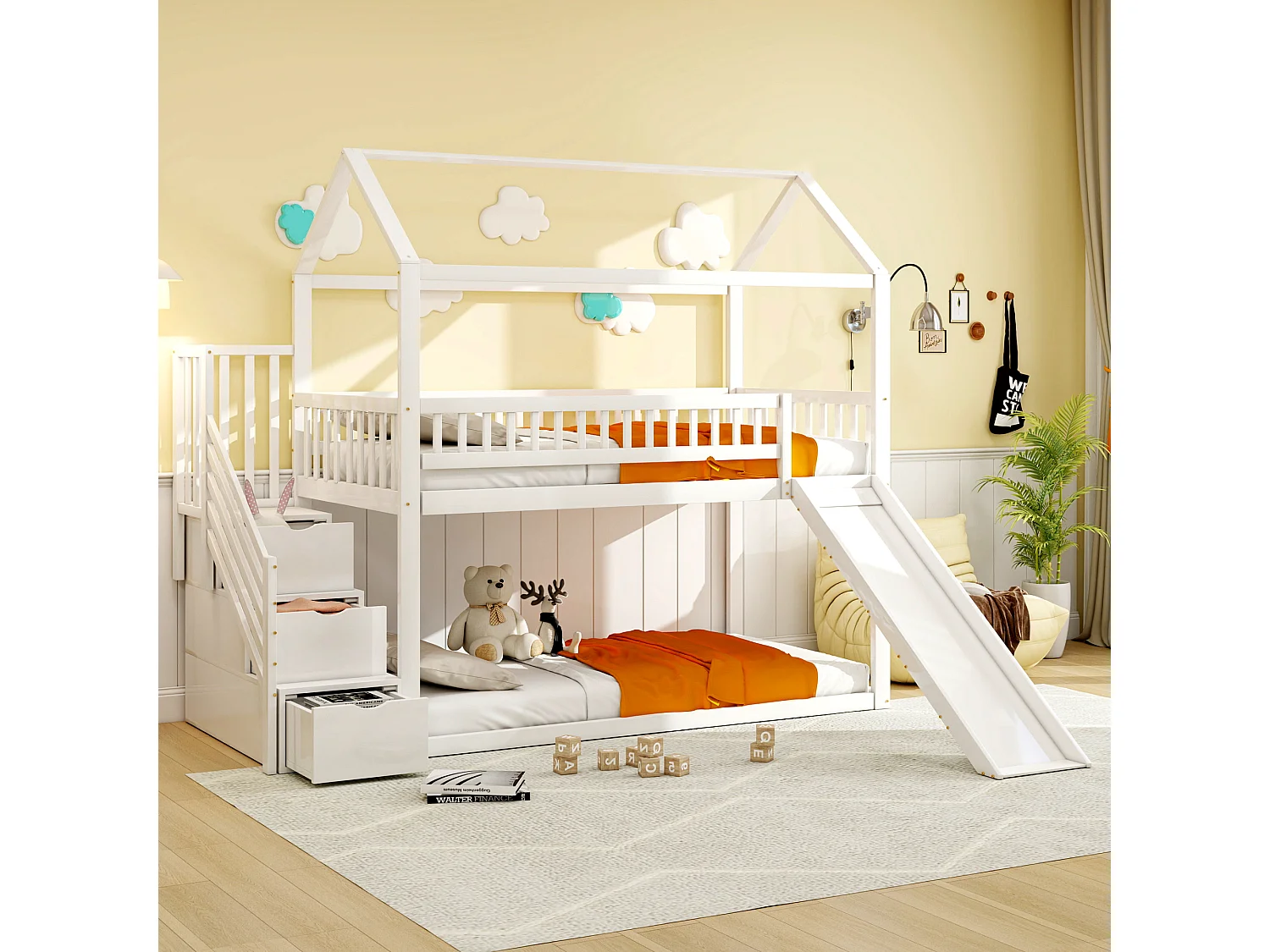 Lit superposé enfant 90x200 - Lit cabane avec toboggan et échelle de rangement - Blanc