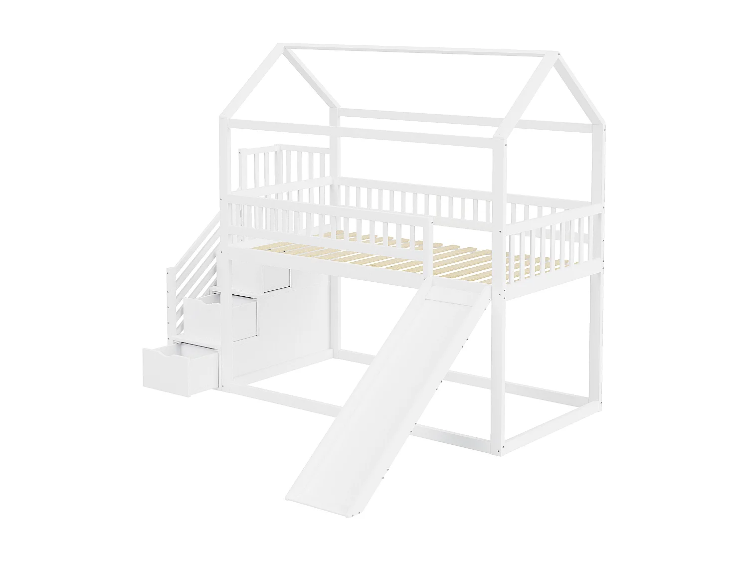 Lit superposé enfant 90x200 - Lit cabane avec toboggan et échelle de rangement - Blanc