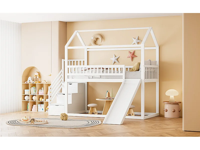 Lit superposé enfant 90x200 - Lit cabane avec toboggan et échelle de rangement - Blanc