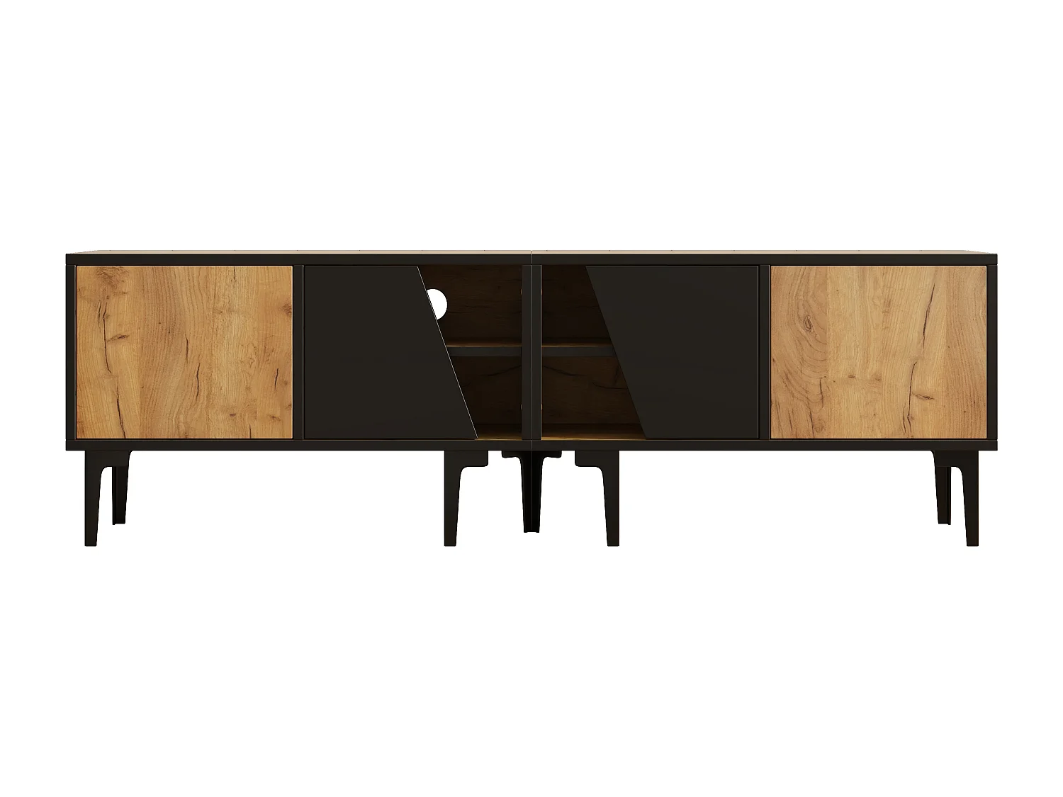 Meuble TV avec 4 compartiments - Portes inclinées - Couleur bois et noir