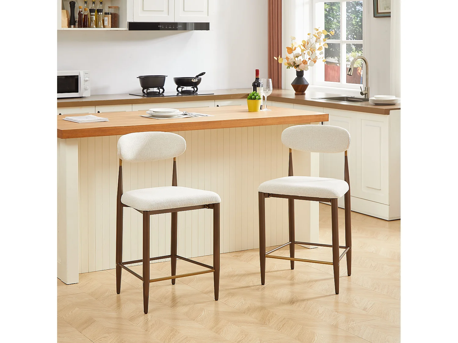 Lot de 2 tabourets de bar hauteur 94cm - Cadre métal brun et doré - Tissu beige