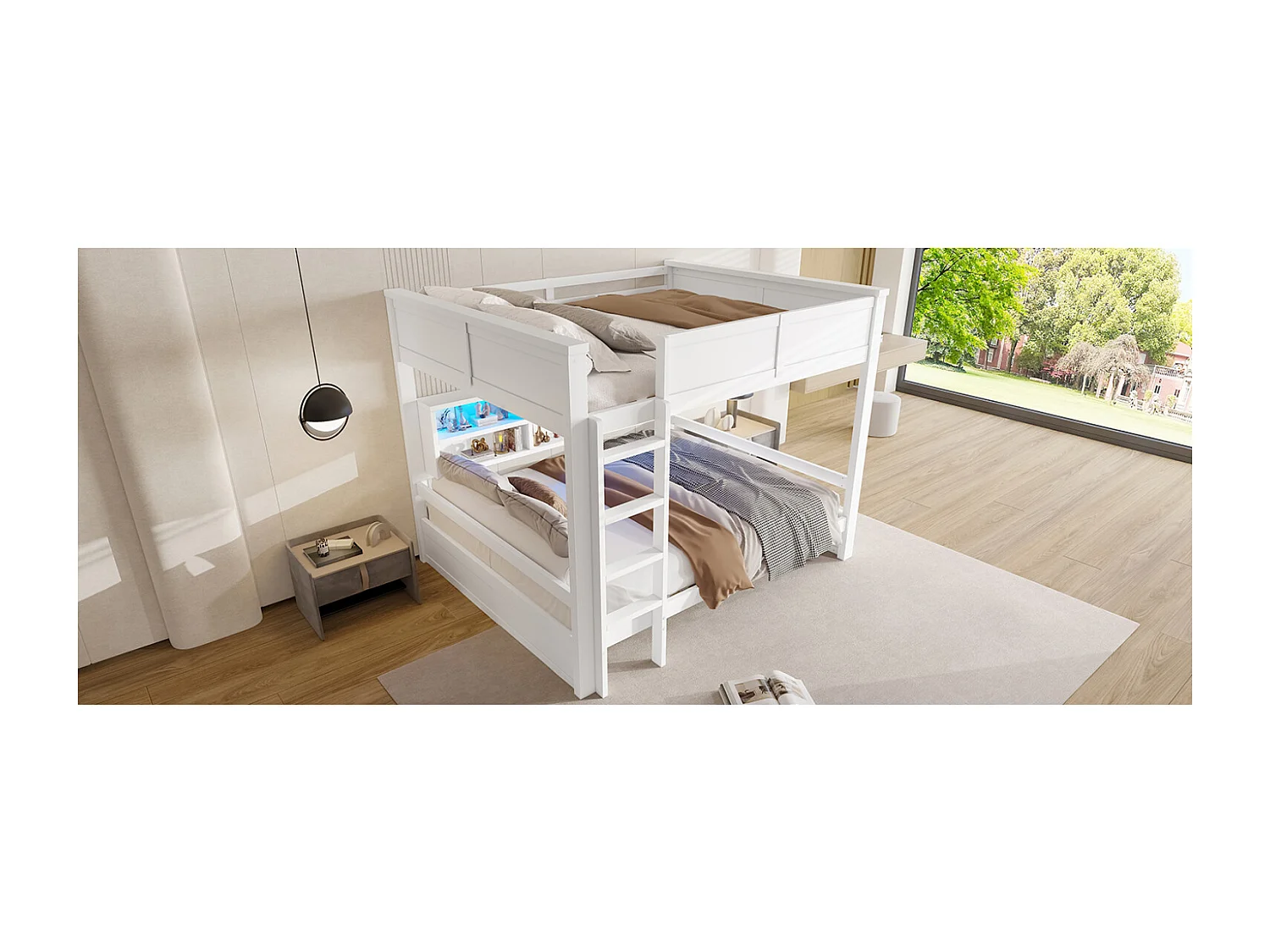 Letto a castello 160x200cm con contenitore e LED - Letto per bambini bianco in legno di pino e MDF, materasso non incluso