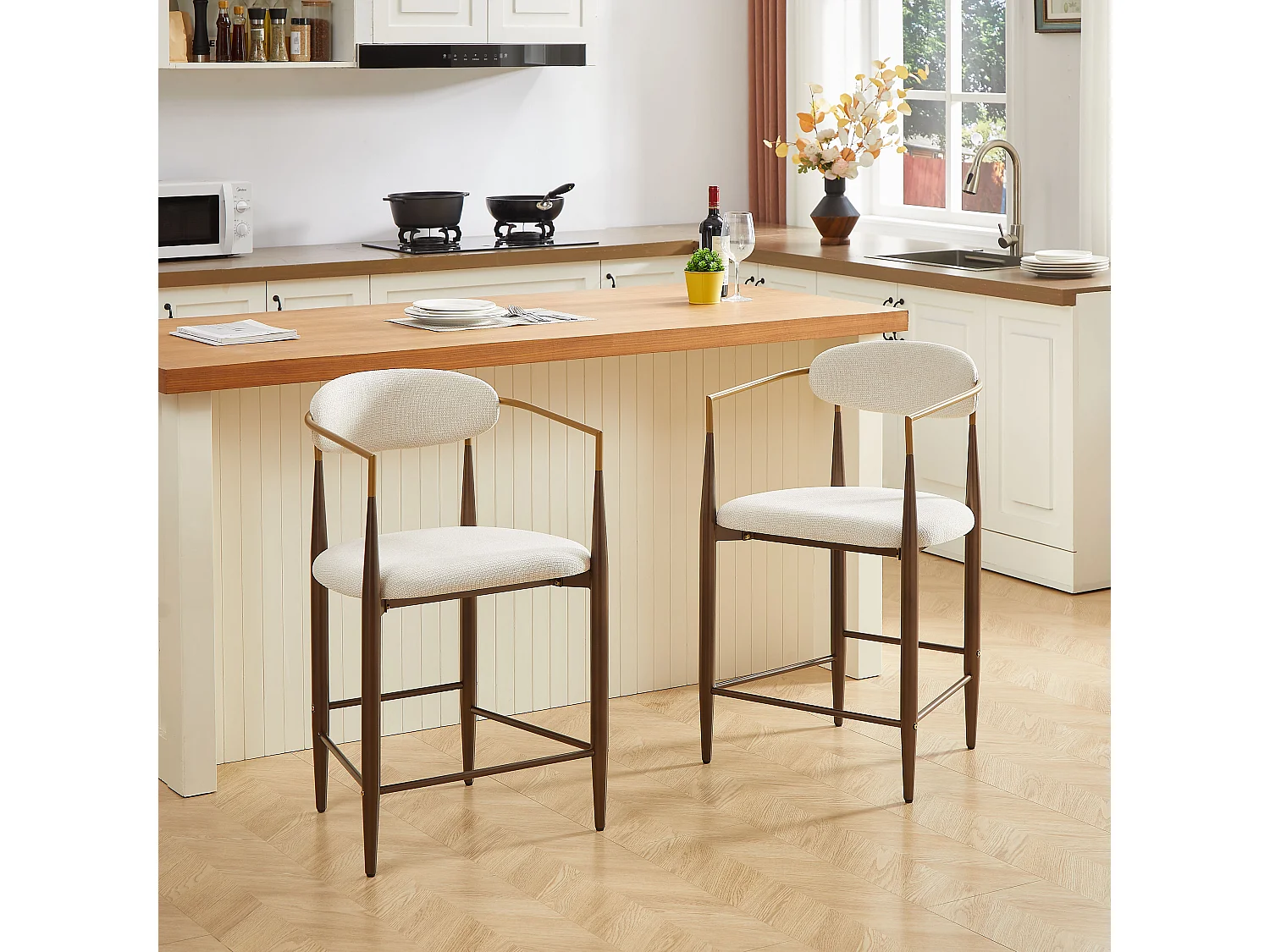 Lot de 2 tabourets de bar avec accoudoir - Tissu beige - Cadre en métal marron et or