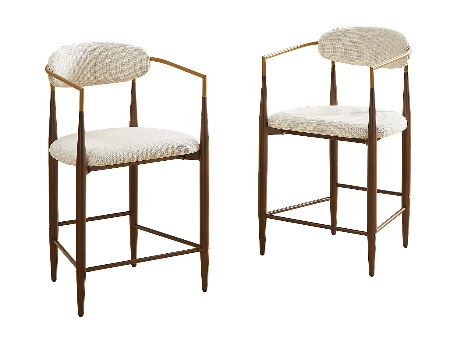 Lot de 2 tabourets de bar avec accoudoir - Tissu beige - Cadre en métal marron et or