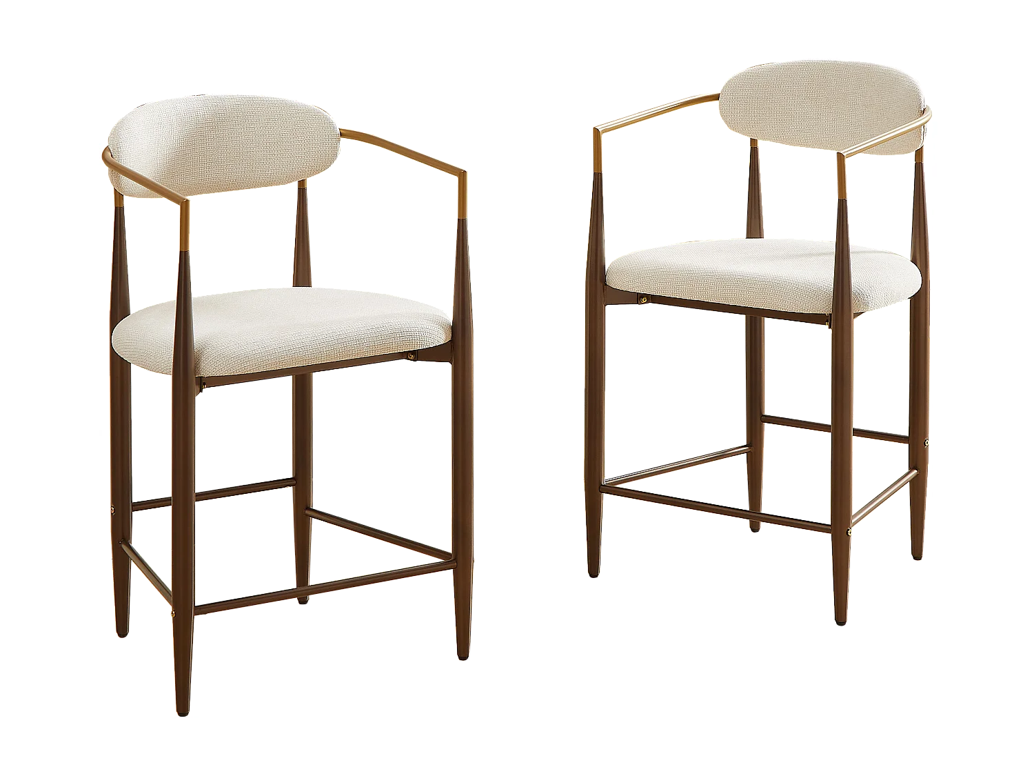 Lot de 2 tabourets de bar avec accoudoir - Tissu beige - Cadre en métal marron et or