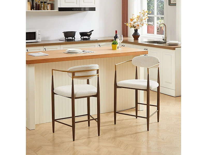 Lot de 2 tabourets de bar avec accoudoir - Tissu beige - Cadre en métal marron et or