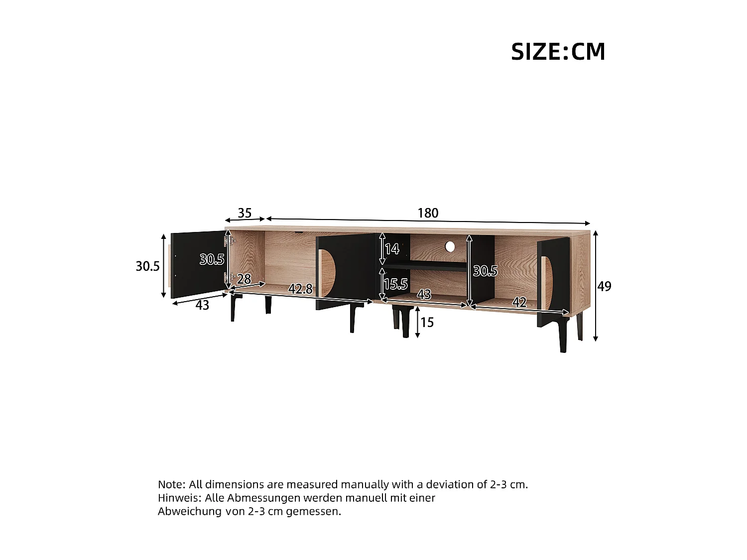 Tv-meubel voor 80-inch tv met 3 deuren - Zwart en houtkleur