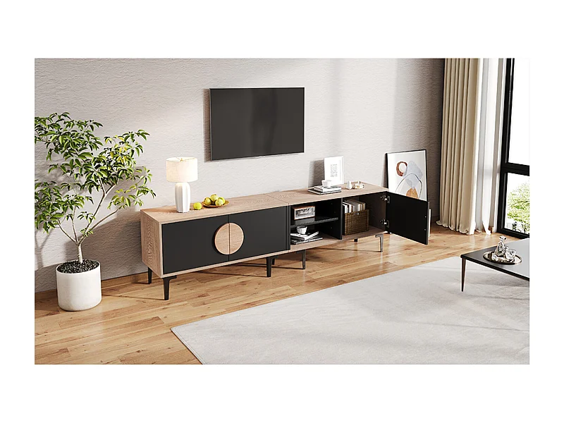 Tv-meubel voor 80-inch tv met 3 deuren - Zwart en houtkleur