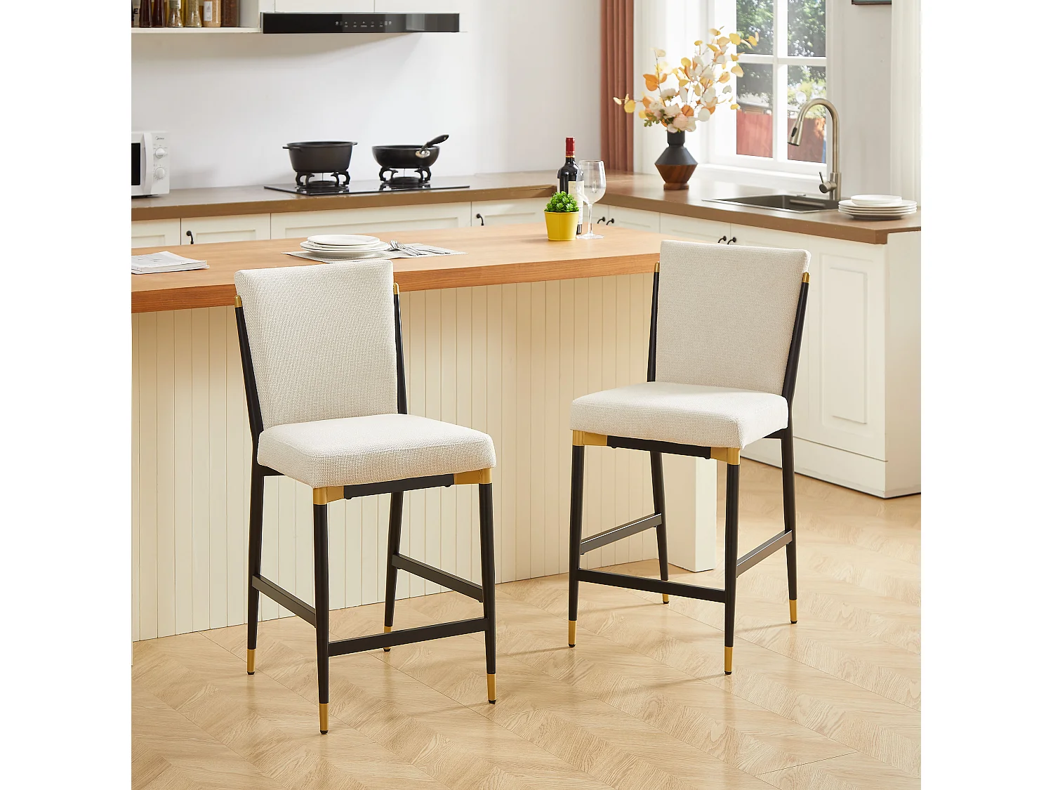 Lot de 2 tabourets de bar en tissu beige - Cadre en métal noir et or