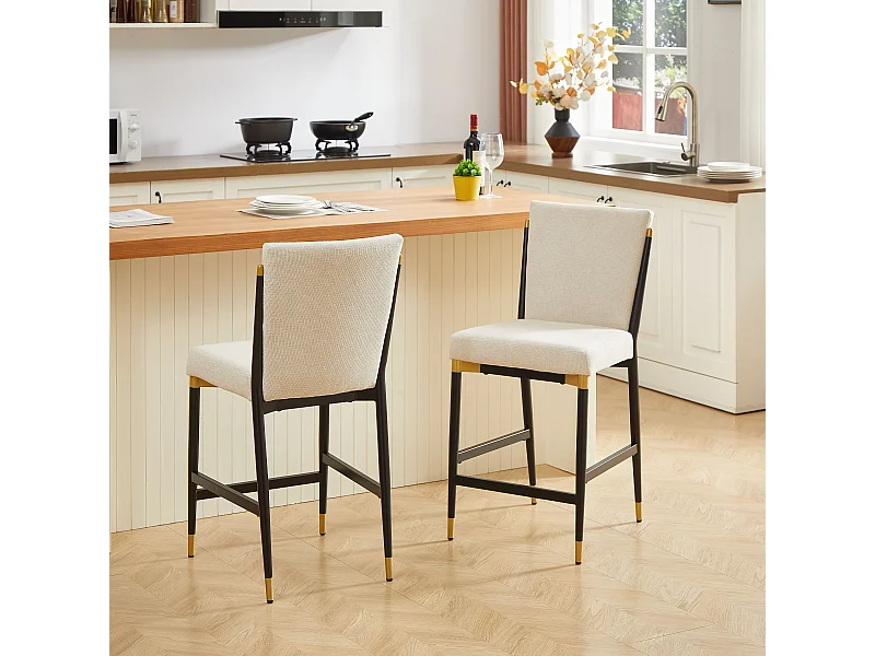 Lot de 2 tabourets de bar en tissu beige - Cadre en métal noir et or