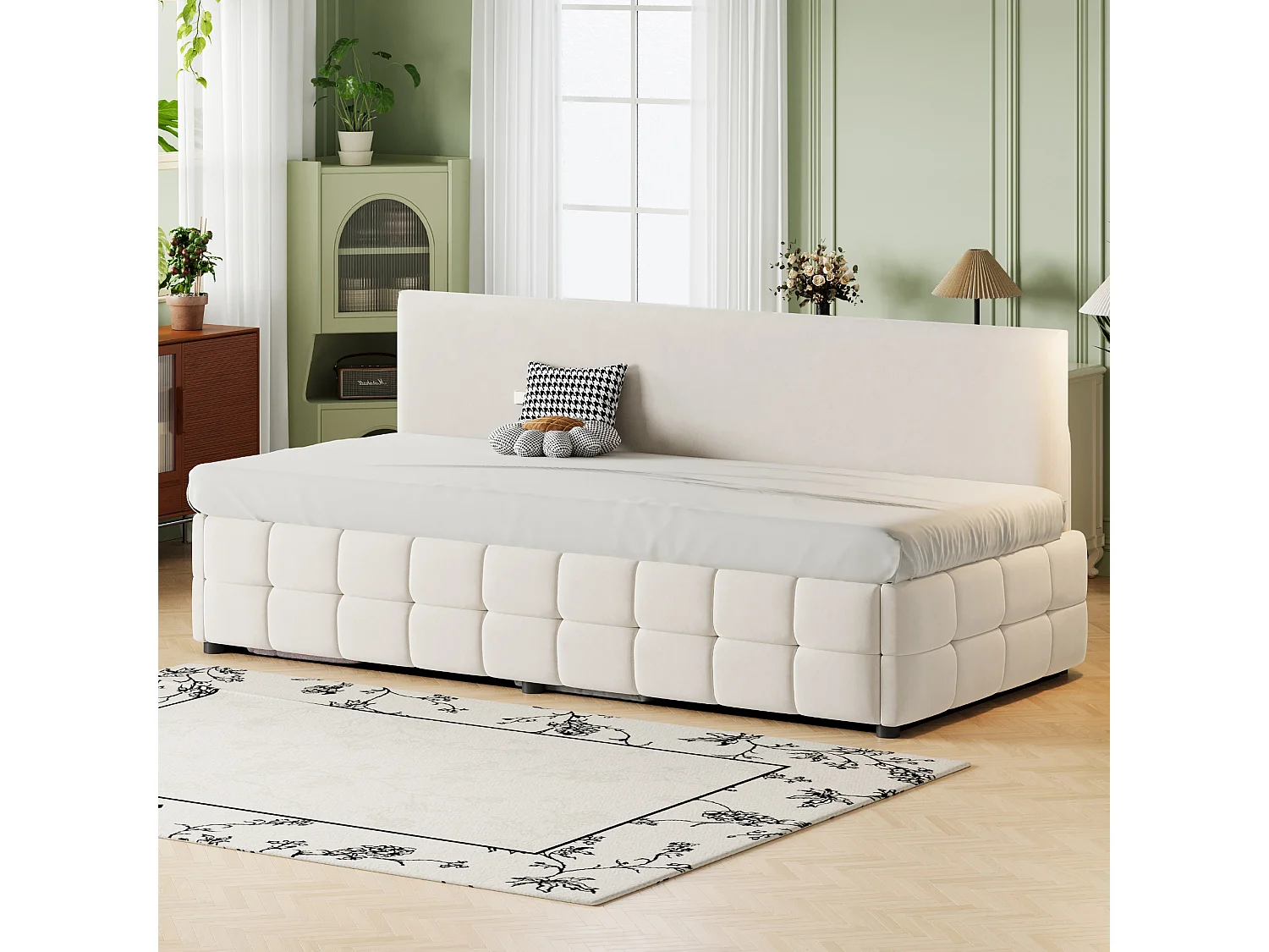 Lit coffre 90 x 200 cm avec rangement - Lit simple multifonctionnel en velours beige