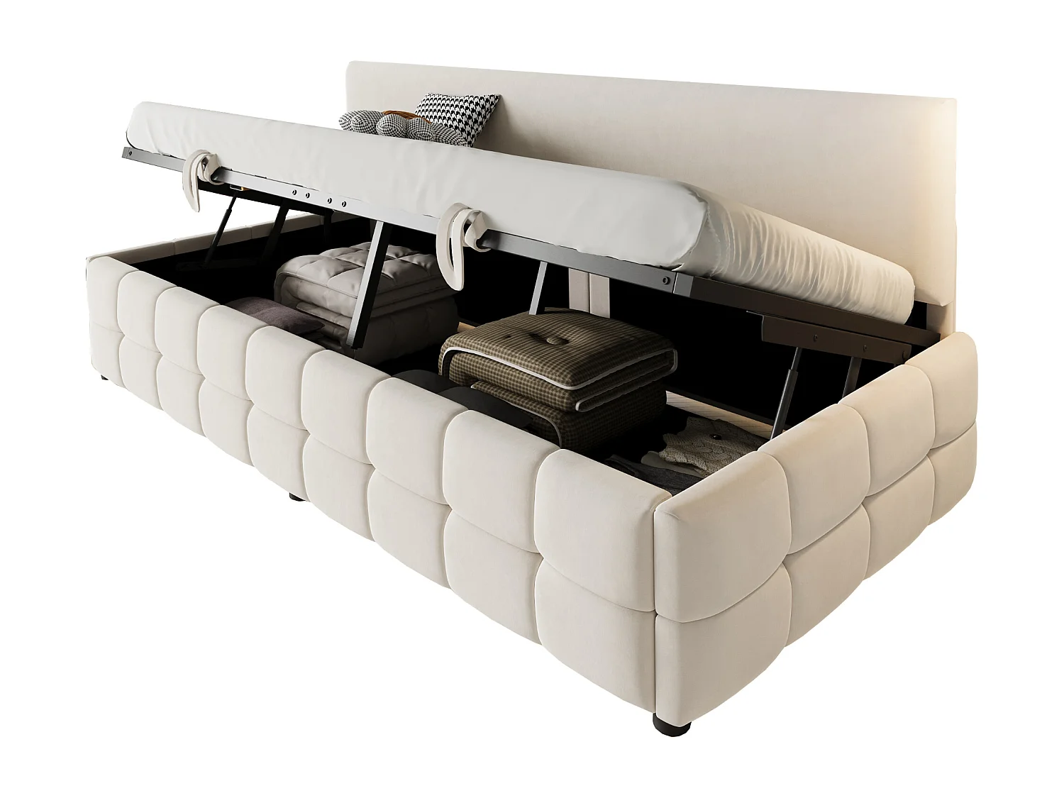 Lit coffre 90 x 200 cm avec rangement - Lit simple multifonctionnel en velours beige