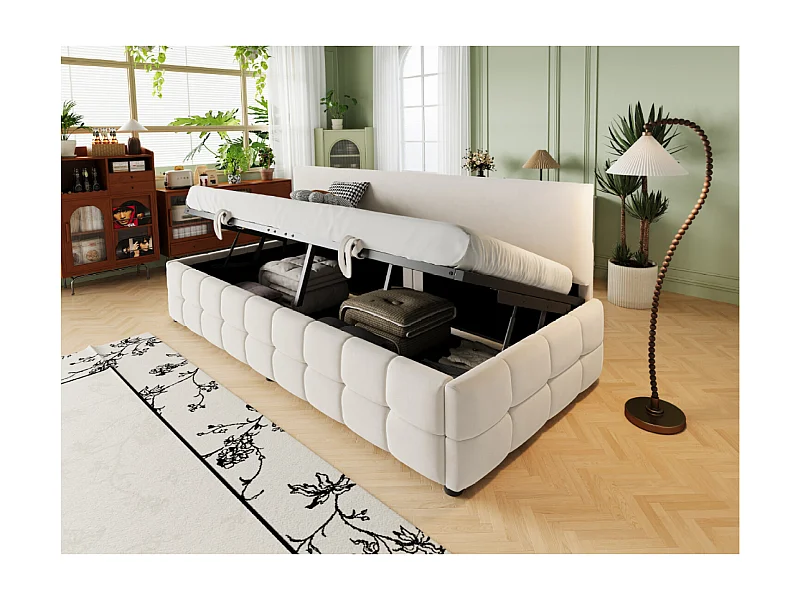 Lit coffre 90 x 200 cm avec rangement - Lit simple multifonctionnel en velours beige
