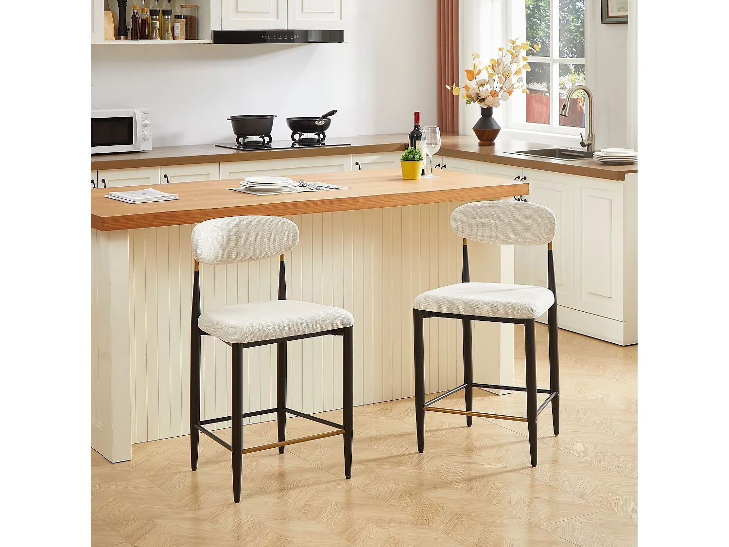 Lot de 2 tabourets de bar en tissu beige - Cadre en métal noir et marron