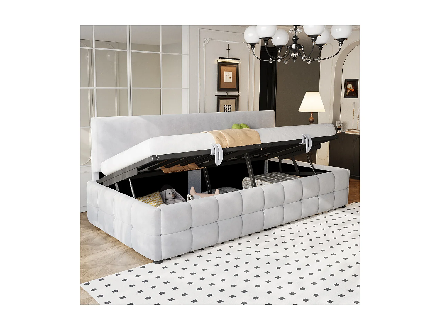 Lit coffre 90 x 200 cm avec rangement - Lit simple multifonctionnel en velours gris clair