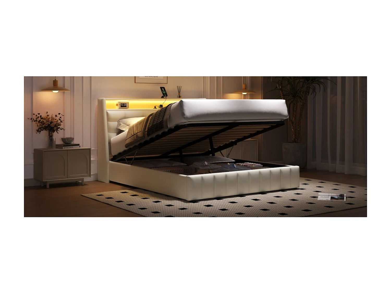 Lit coffre double 160x200cm en PU avec LED et USB - Lit adulte blanc avce coussin de tête réglable