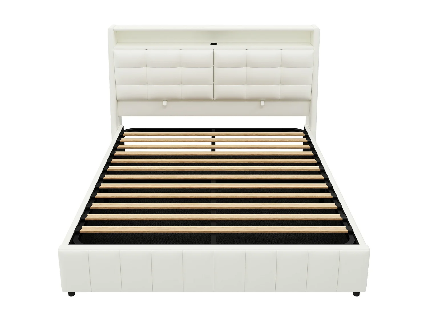 Lit coffre double 160x200cm en PU avec LED et USB - Lit adulte blanc avce coussin de tête réglable