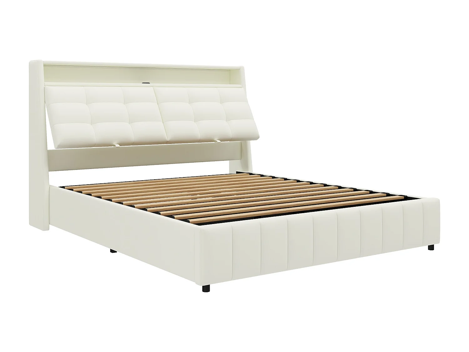 Lit coffre double 160x200cm en PU avec LED et USB - Lit adulte blanc avce coussin de tête réglable