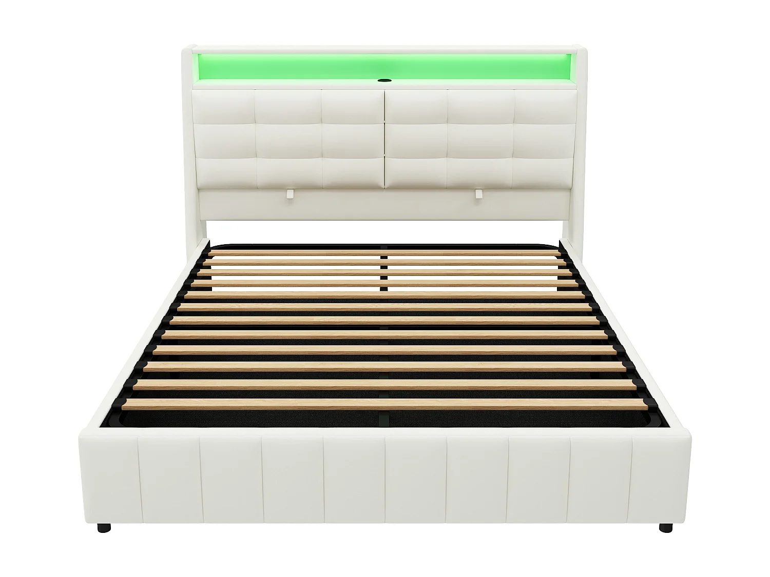 Lit coffre double 160x200cm en PU avec LED et USB - Lit adulte blanc avce coussin de tête réglable