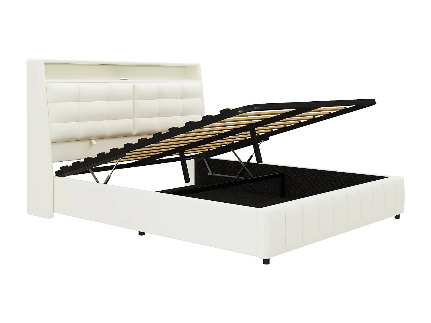 Lit coffre double 160x200cm en PU avec LED et USB - Lit adulte blanc avce coussin de tête réglable