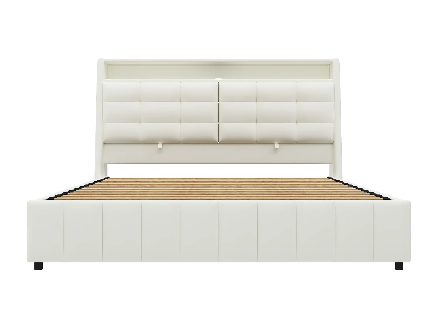 Lit coffre double 160x200cm en PU avec LED et USB - Lit adulte blanc avce coussin de tête réglable