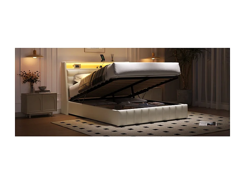 Lit coffre double 160x200cm en PU avec LED et USB - Lit adulte blanc avce coussin de tête réglable