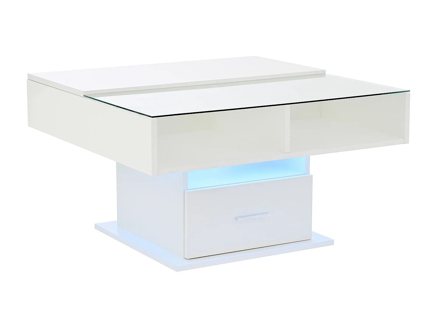 Tavolino con piano sollevabile, illuminazione a LED e cassetto - Finitura lucida - Bianco