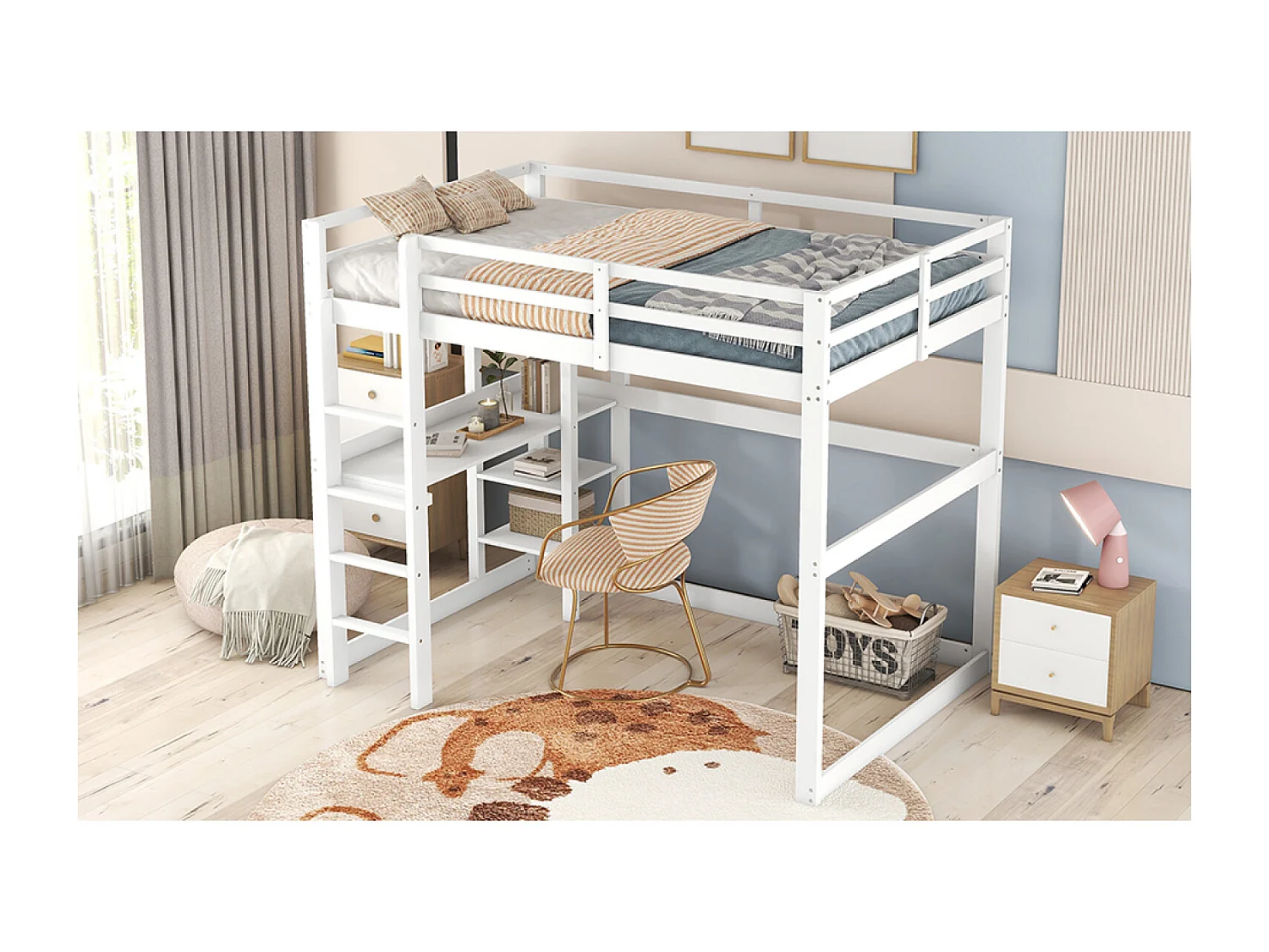 Lit mezzanine enfant 140x200cm avec rangement et bureau - Bois en pin et MDF blanc