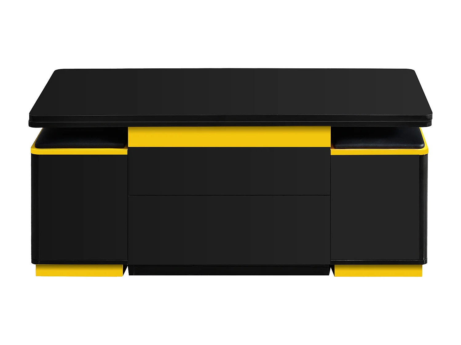 Table basse relevable avec 2 tiroirs et 4 tabourets de rangement - Finition brillant - Noir et jaune