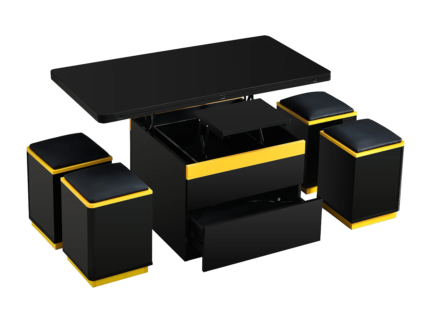 Table basse relevable avec 2 tiroirs et 4 tabourets de rangement - Finition brillant - Noir et jaune